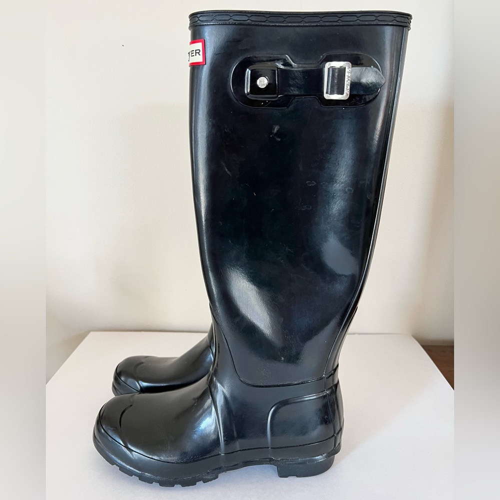 Hunter Original Tall Glossy Rain Boots Black Womens Size 8 Rubber Wellie Boots - Picture 2 of 5